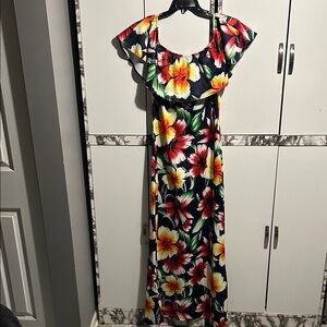 Floral Maxi Dress - Navy Blue with Red and Yellow Flowers